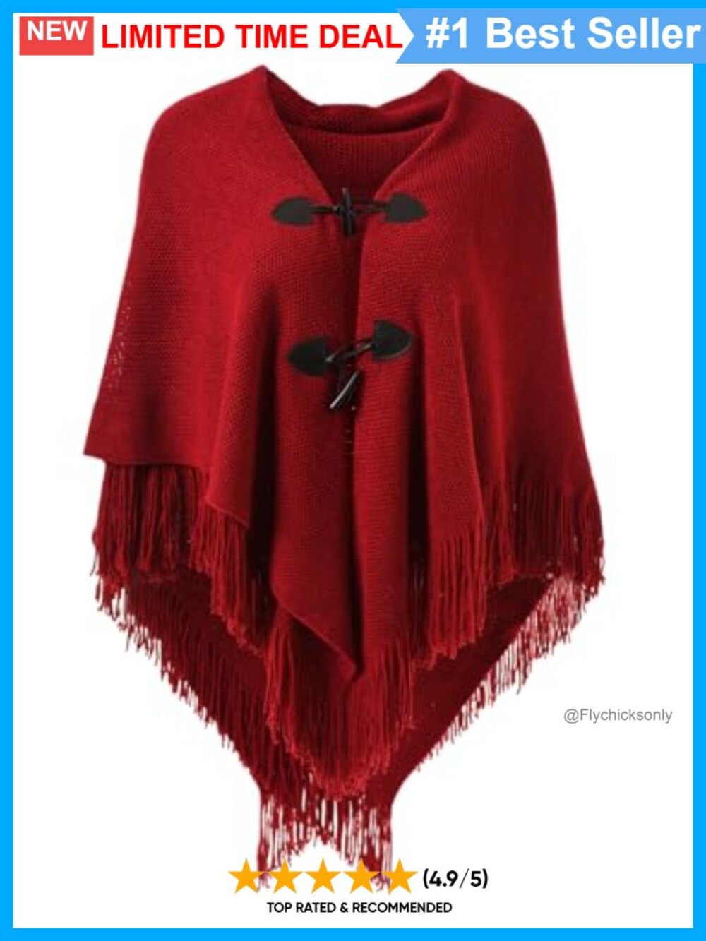 Loose Fit Poncho Cape Shawl with Horn Buttons V Neckline Fringe Hem